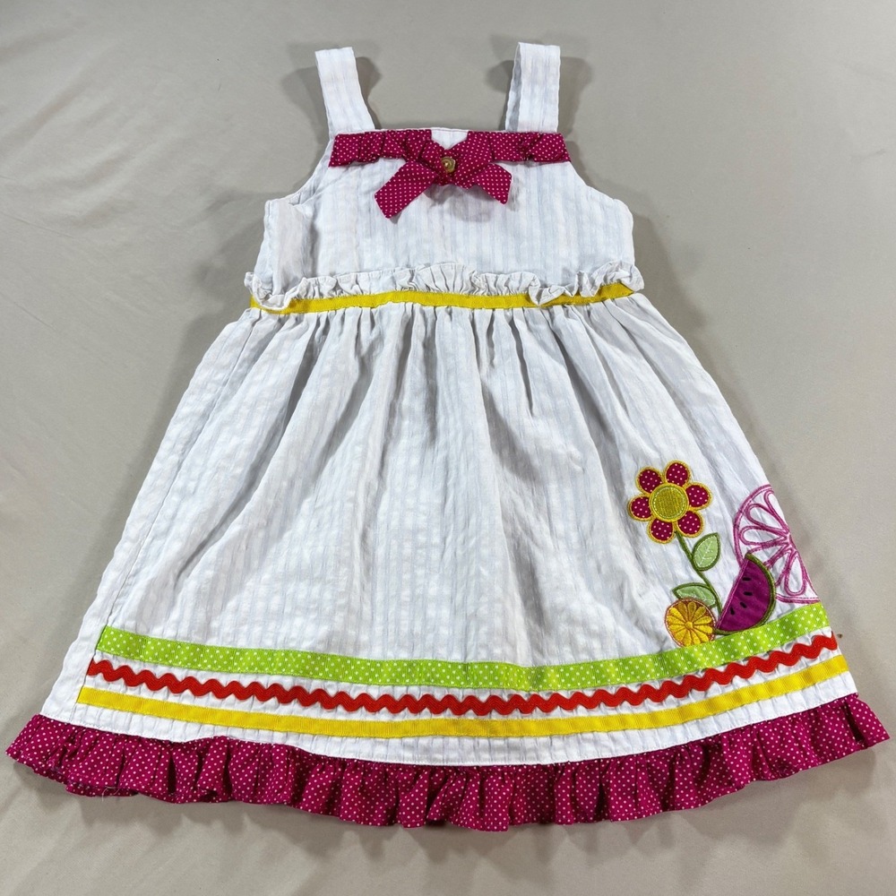 Samara Girls White Striped Dress Bow Applique Ruffle Hem Summer Outfit Size‎ 5